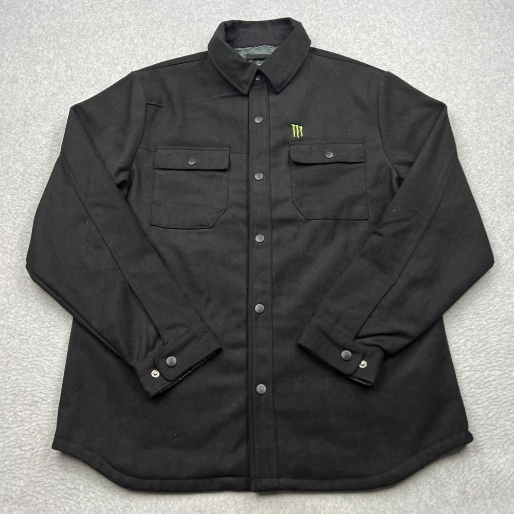 Monster Energy Shacket Mens XL Black Wool Snap Front Embroidered Logo Flannel